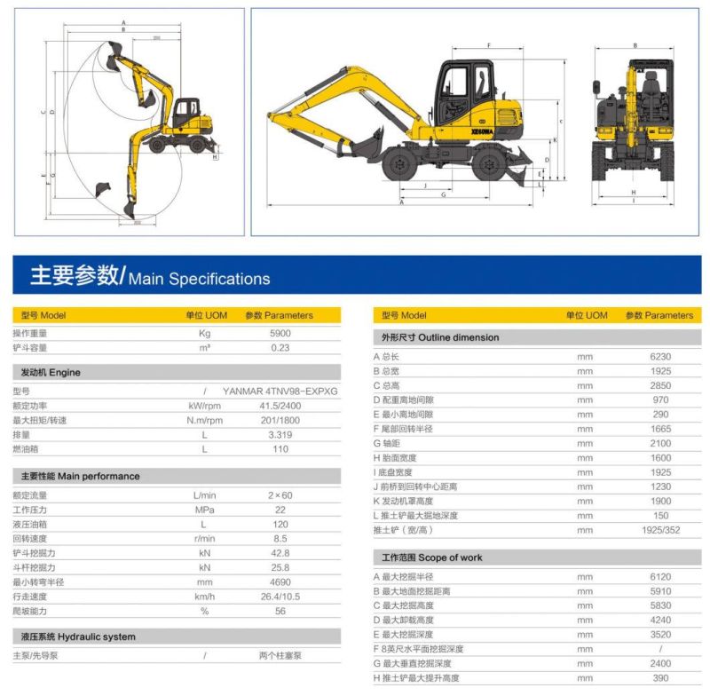 XCMG Small Excavator Xe60W 6ton Wheel Excavator (More models for Sale)