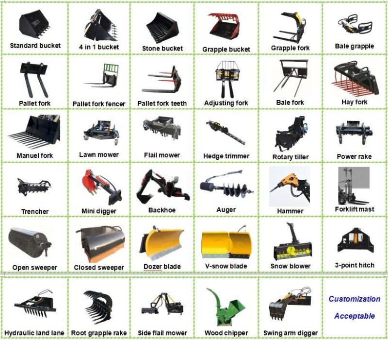 1500kg Medium Sized 3400*1500*2300mm Compact Wheel Loader with Kubota Loader Adapter Plate