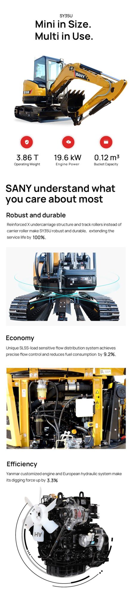 Factory Direct Supply 3.5t Crawler Hydraulic Compact Excavator Sy35u with Rubber Track