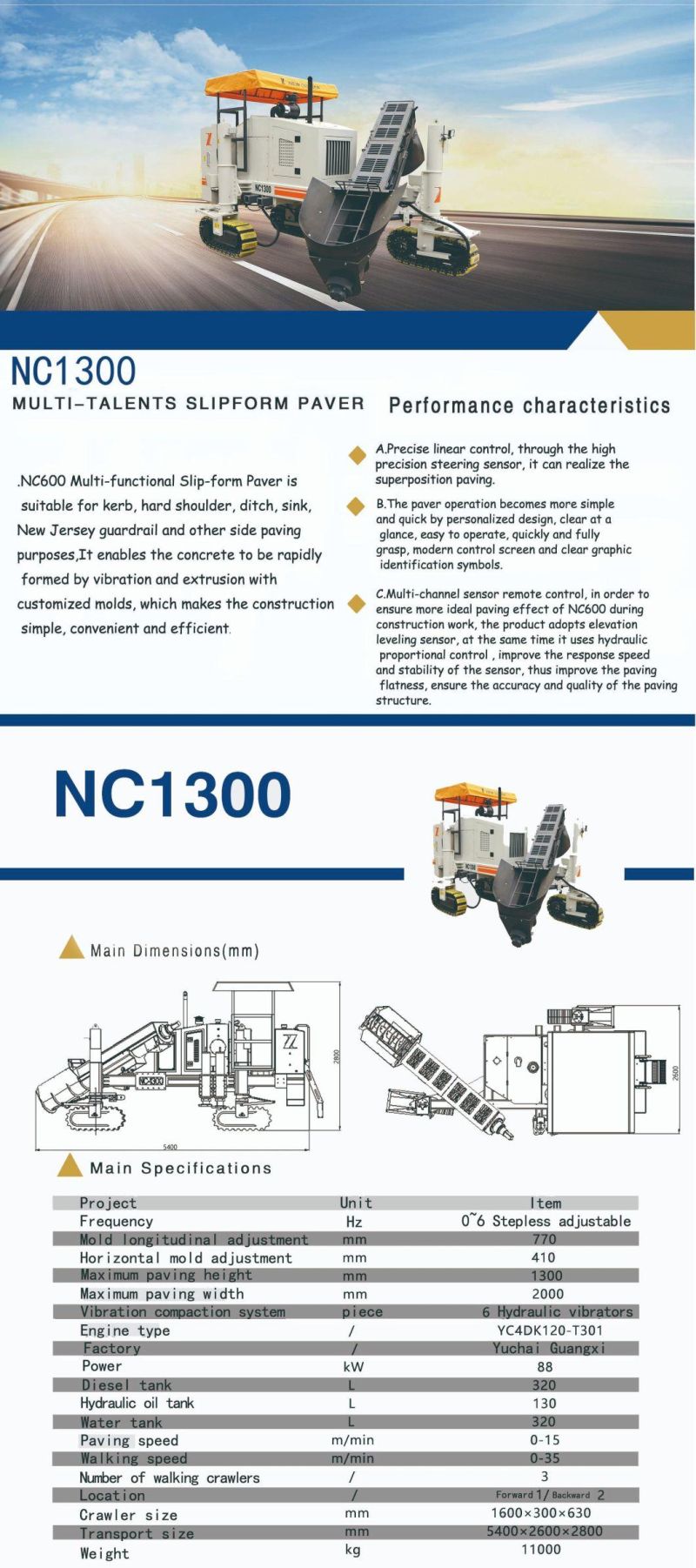 Automatic Concrete Curb Slipform Paver Nc1300 for Road Kerb and Gutter