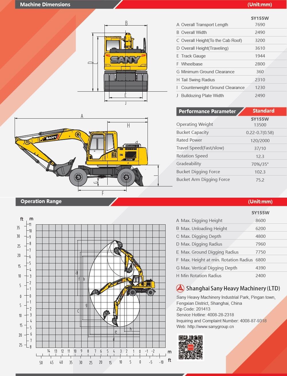 Sany Sy155W 15.5 Ton Mini Wheel Excavator with 0.4m3 Bucket of Earth Moving Machinery