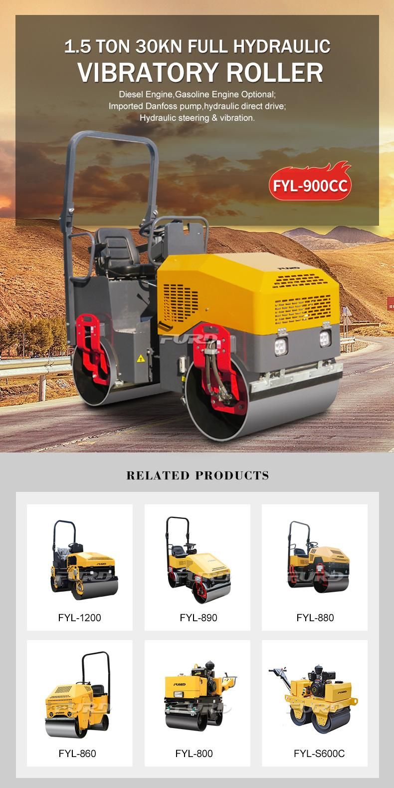 1.5t Ride on Hydraulic Vibratory Double Drum Road Roller Fyl-900cc