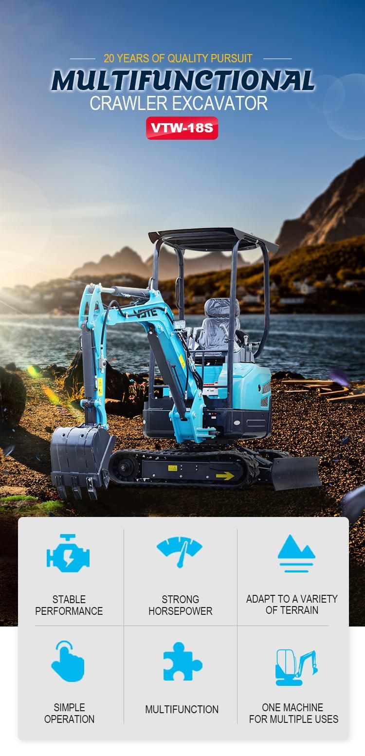 High Quality 1.8t Mini Excavator with Cabin, Euro 5/EPA High and Low Speed Walking Mini Digger Optional Retractable Track