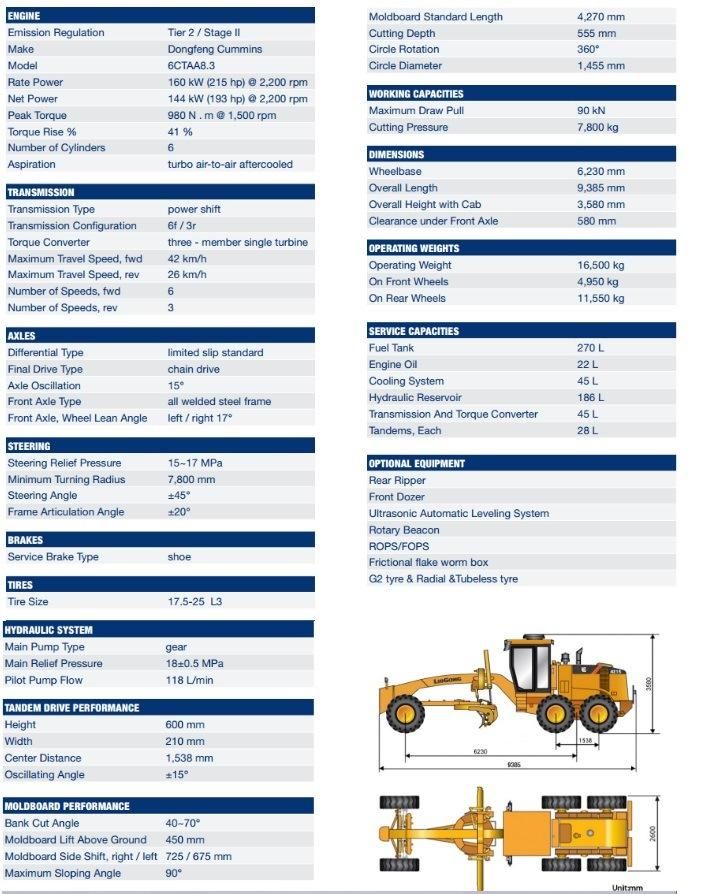 Popular Liugong 215HP 16 Ton Motor Grader Clg4215 Scarifier Grader