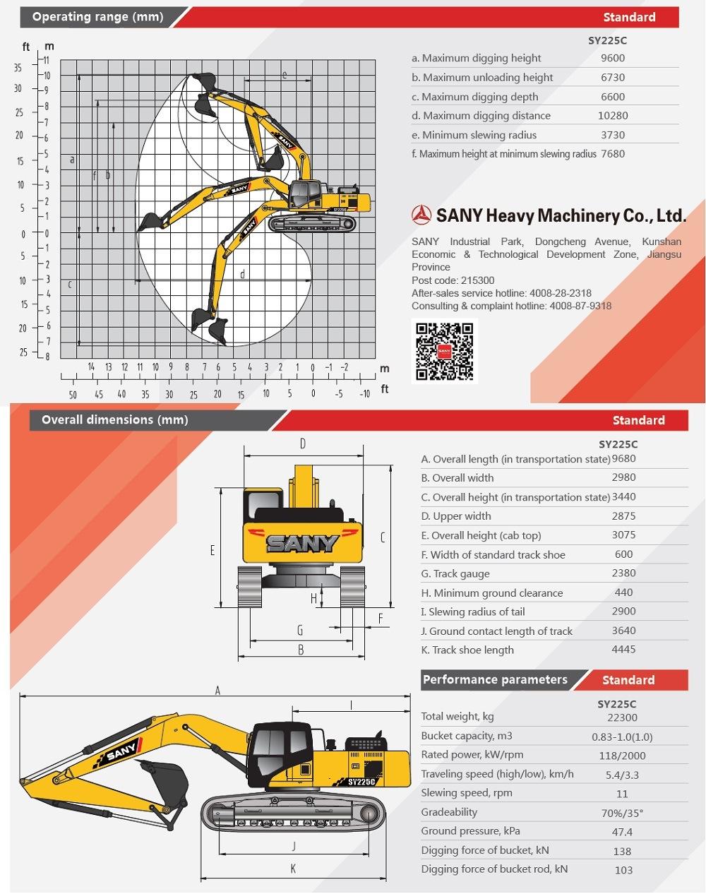 SANY SY225C 210Crawler Excavator Price of Earth Digger