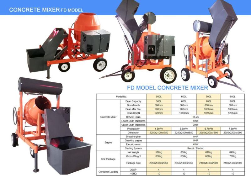 Towable 300L 350L 400L 500L 600ll Concrete Mixer Machine