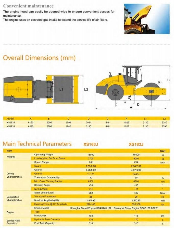 Mechanical Single Drum 18 Ton Vibratory Road Roller Xs183j