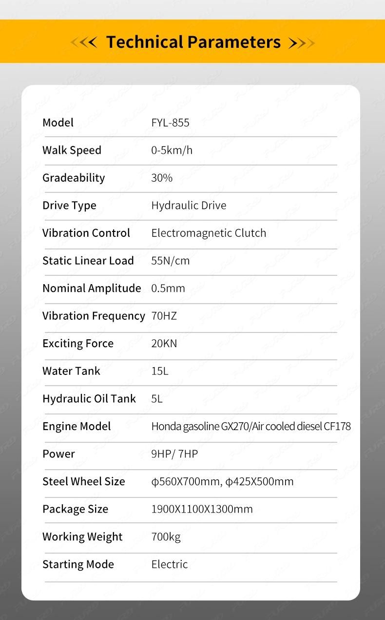 High Quality Road Compaction 1 Ton Vibratory New Road Roller Fyl-855