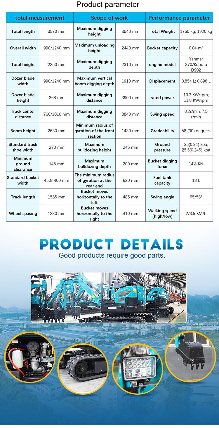 Mini Digger Hydraulic 2 Ton Excavator with Cab Air Conditioner Installation of Steel Tracks