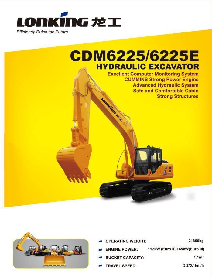 Chinese Brand Lonking 22tons Crawler Excavator Cdm6225 with 1.1 Bucket Capacity
