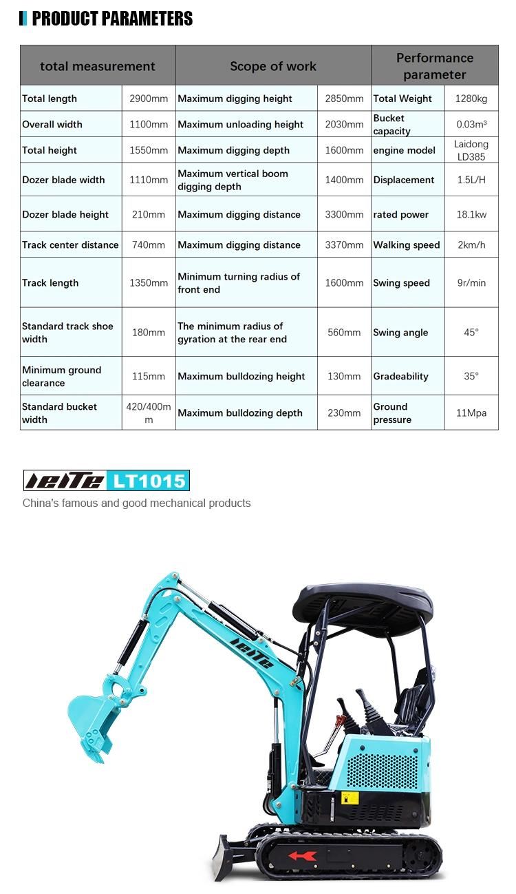 Lt1015 1000kg Excavator 1 Ton 11.7 HP Rhinoceros Mini Hydraulic Crawler Mini Excavator Machine Excavators Price Manufacturers