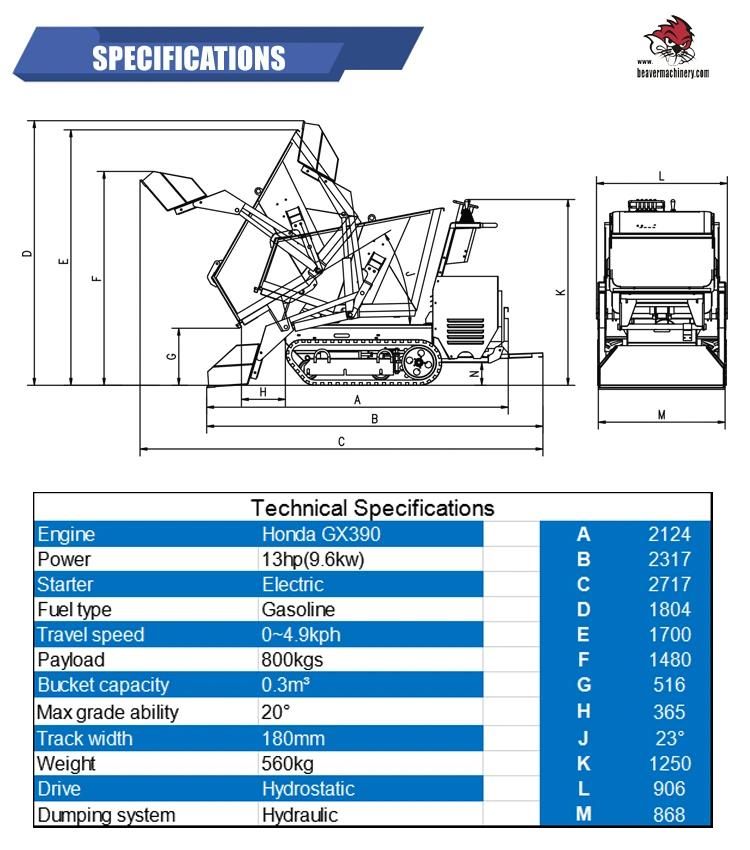 Hydraulic Crawler Mini Dumper 800kg Load for Sale