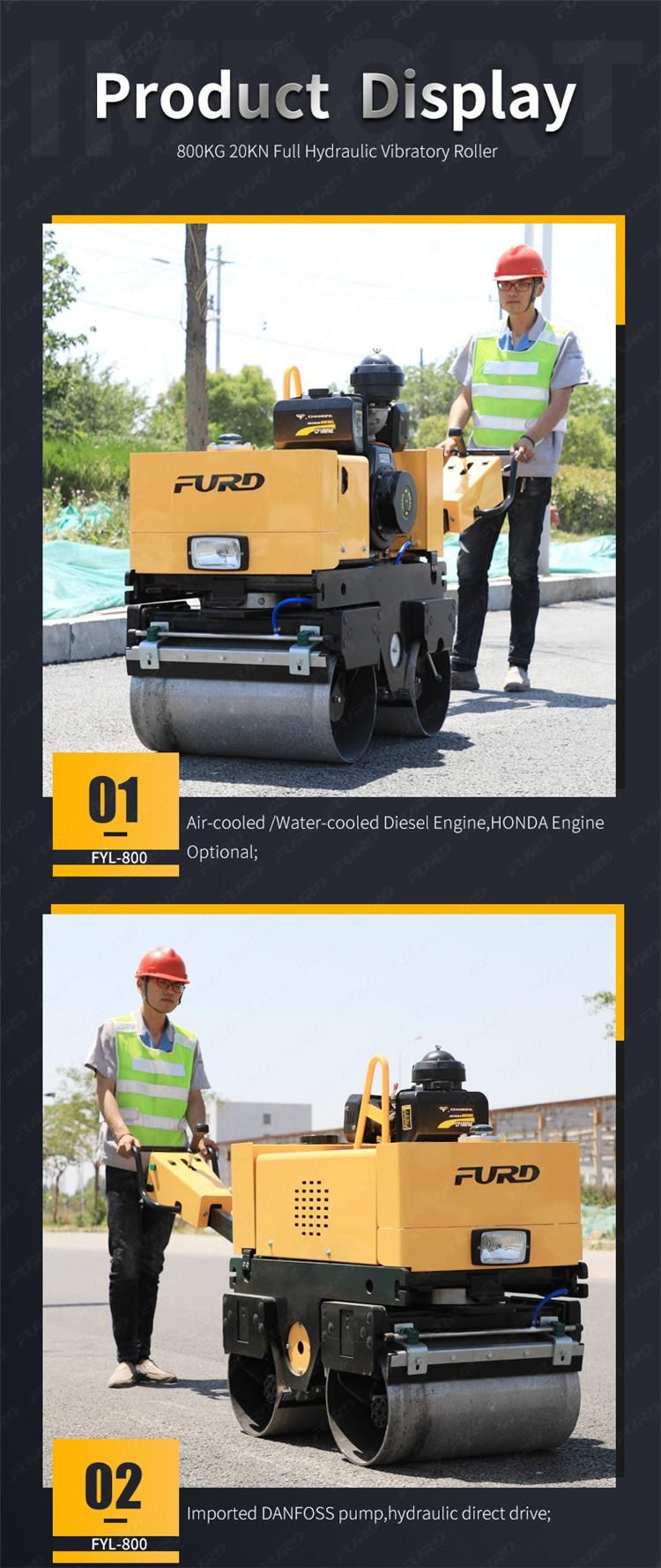 High Quality 800kg Walk Behind Double Drum Honda Gasoline Vibration Road Roller