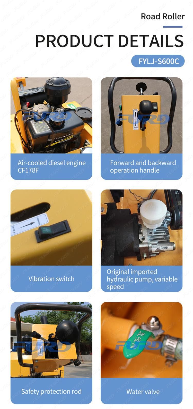 Handheld Vibrating Road Roller Double Drum Roller Compactor Pedestrian Road Roller Fylj-S600c