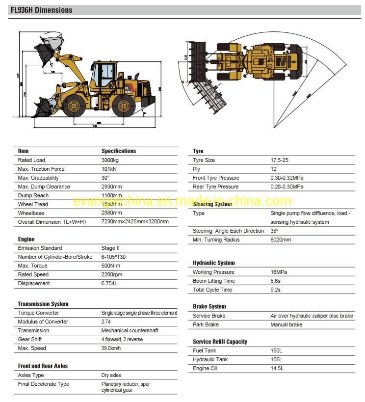 Foton Lovol 3 Ton Articulated Wheel Loader FL936h/936h