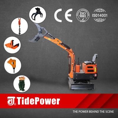 1t Mini Excavator for Agriculture, Garden, Pipe Lay and Municipal Projects, Versatile Attachment for Choice, Rake/Breaker Hammer/Quick Hitch