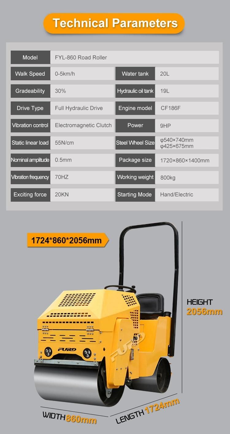 Double Drum Ride on Vibratory Roller Mini Asphalt Roller for Sale Fyl-860