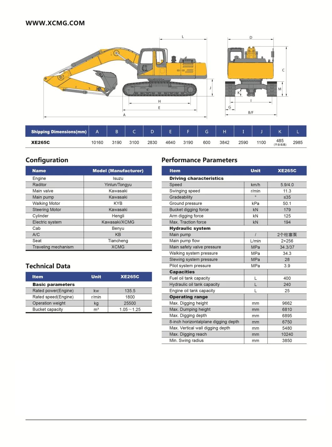 Oriemac Construction Machinery Xe265c 26ton 1.2m3 Crawler Excavator New Excavator Price