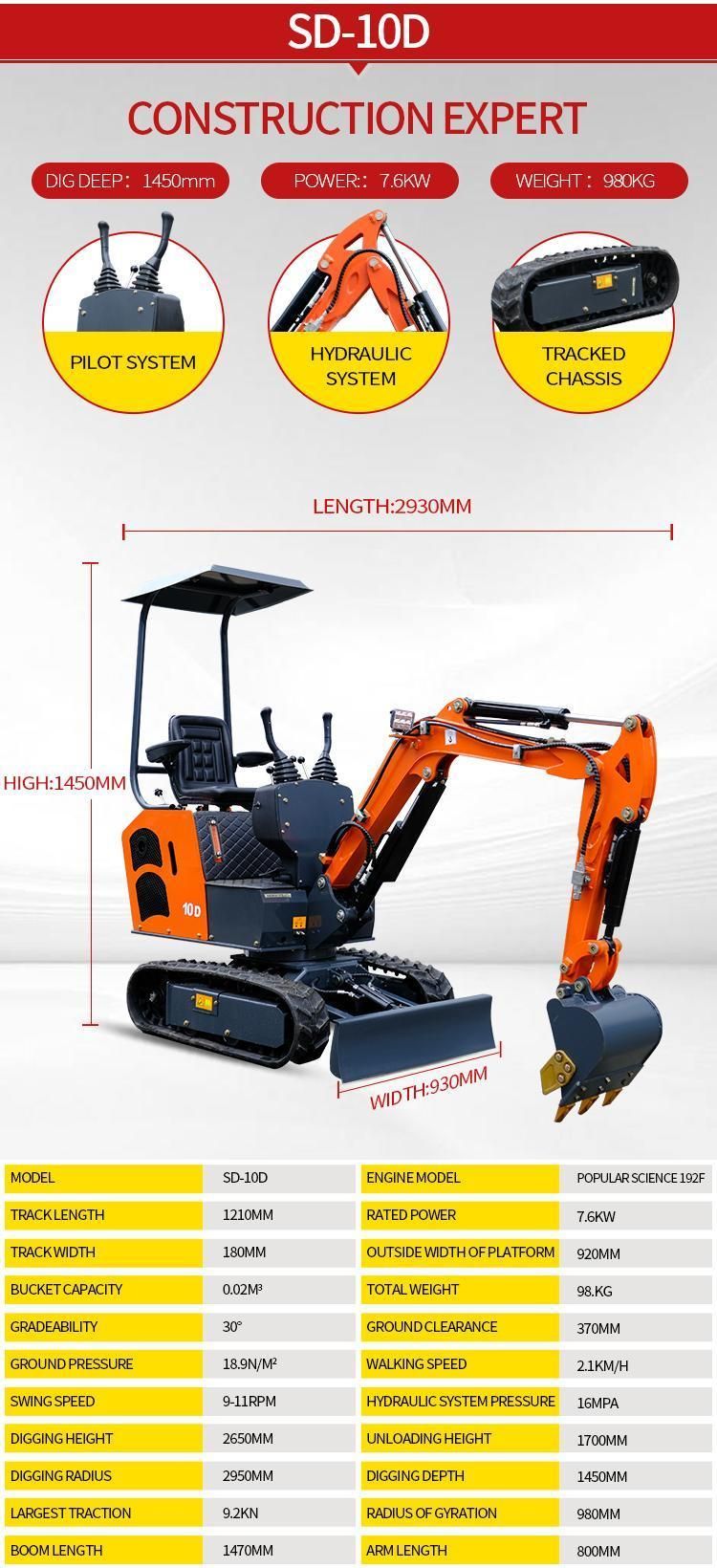 Shanding 600kg 1ton 2ton 3ton Mini Hydraulic Excavator Small/Mini/Micro Bagger with CE Certificate