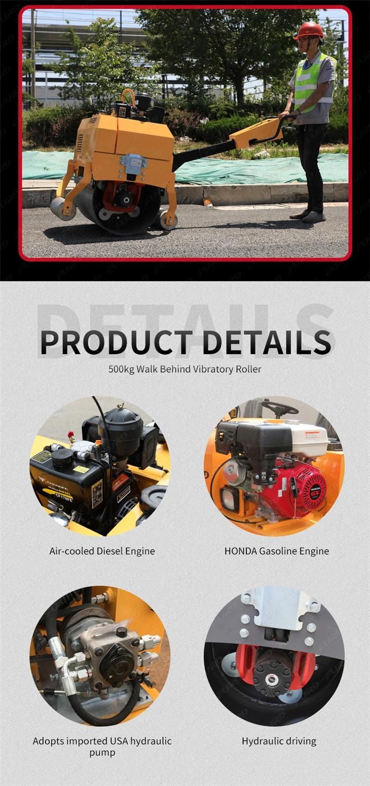 Hydraulic Driving 500kg Single Drum Vibratory Road Roller Construction Machinery Compactor