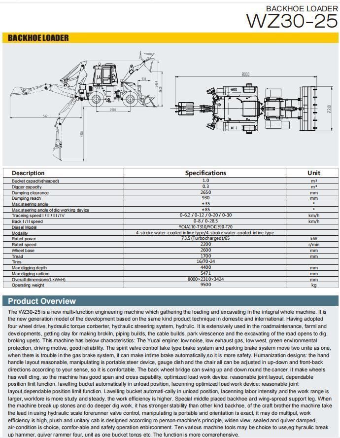 Shantui Wz30-25 Backhoe Loader 2.5 Ton Backhoe Loader Factory Price