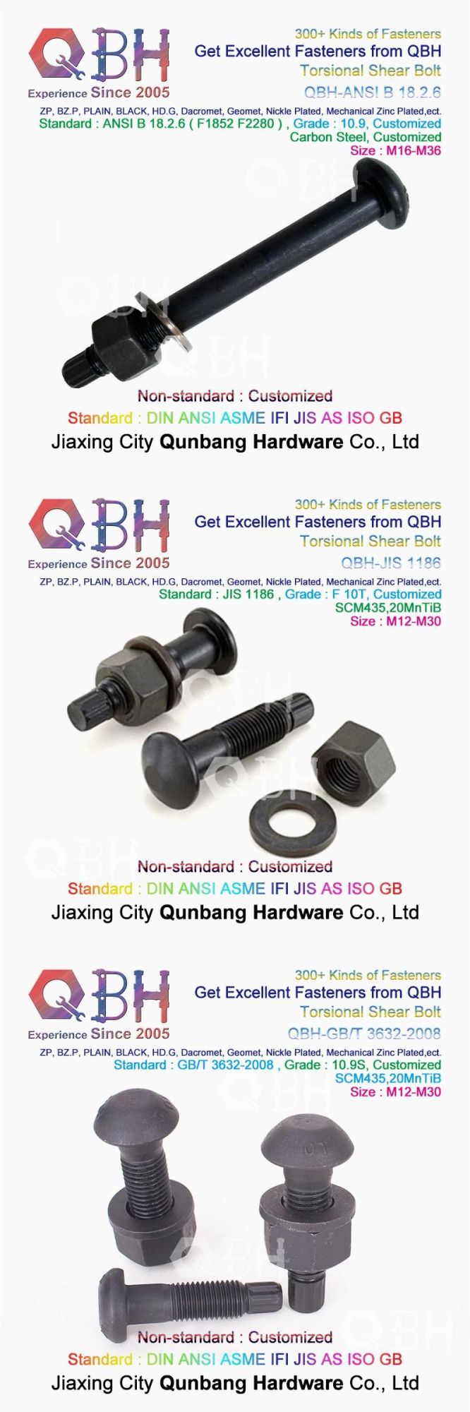 Qbh Customized Torsional Shear Tension Control Tc Bolt Nut Washer Fastener Steel Structure Frame Hoisting Machinery Spare Replacement Component