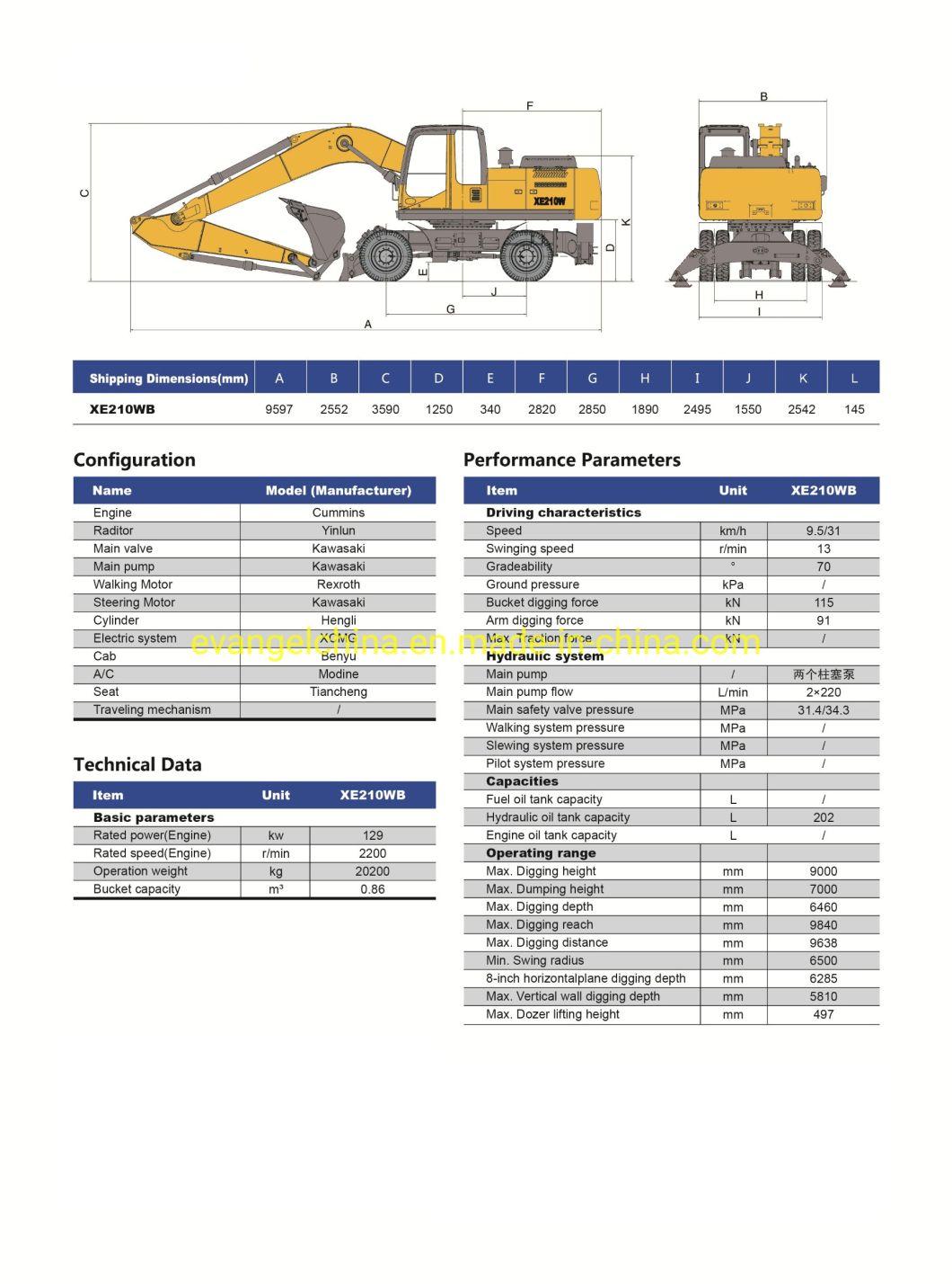 Medium Size 21 Ton 0.86m3 Hydraulic Wheel Excavator Xe210wb