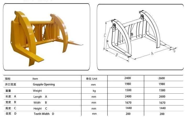 Bulk Material Log Grapple High Volume Tine Grapples for Wheel Loader Attachment