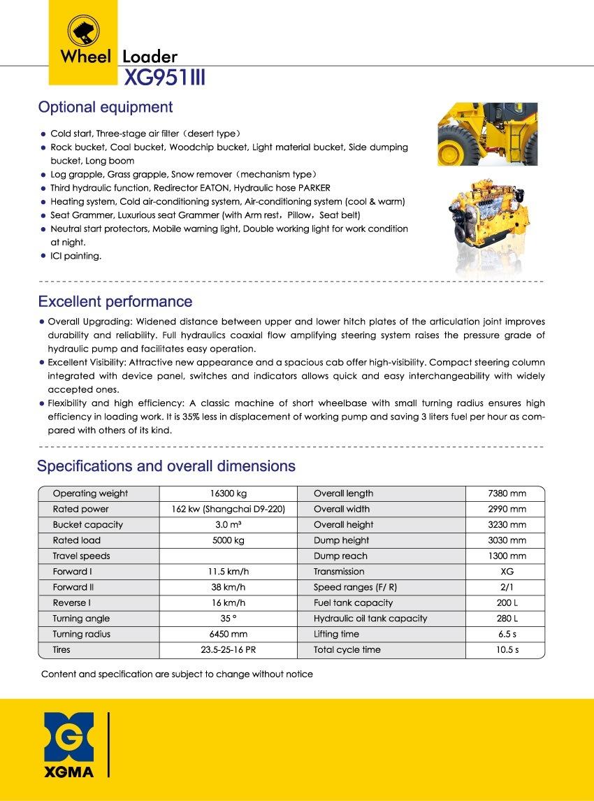 New 5 Ton Xgma Wheel Loader with Cheapest Price Xg951h