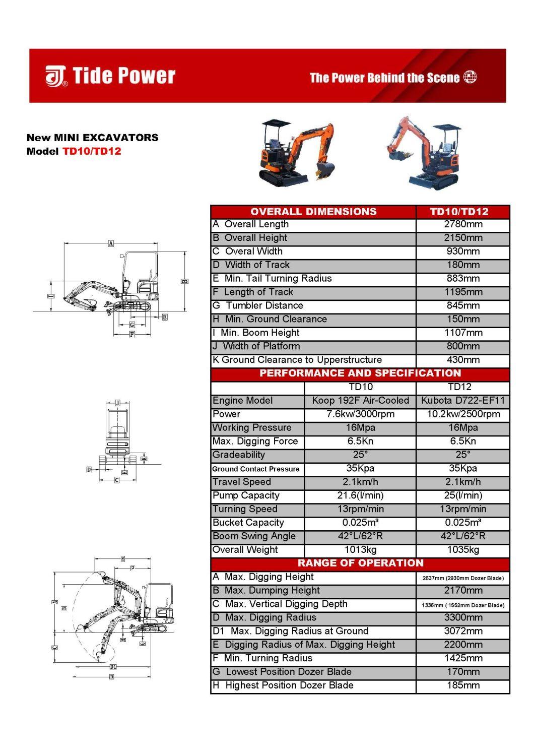 1t Excavator High Quality Mini Excavator with Boom Side Shaft