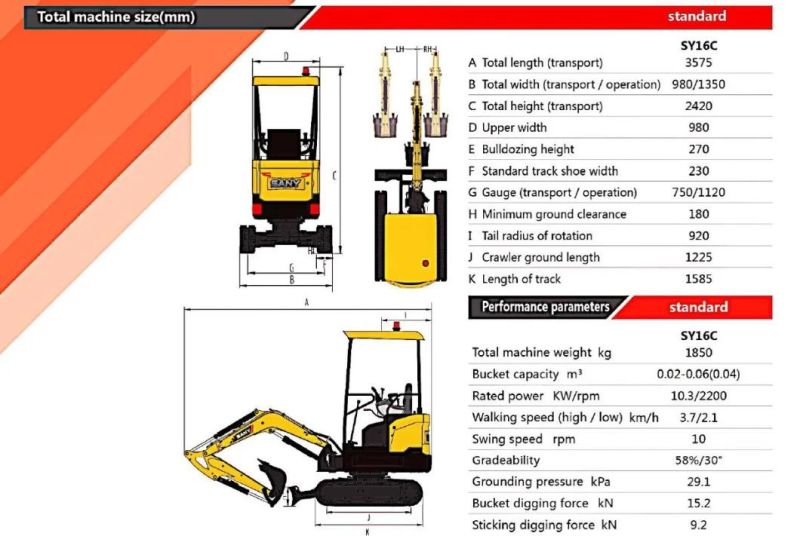 Sy16c Full Hydraulic Digger 1600kg Small Mini Excavator Digging Machine