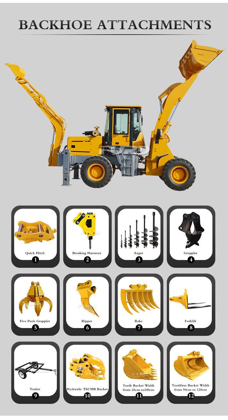 Backhoe Loader Excavator with Grass Cutter Hydraulic Hammer for Sale Fwz15-26