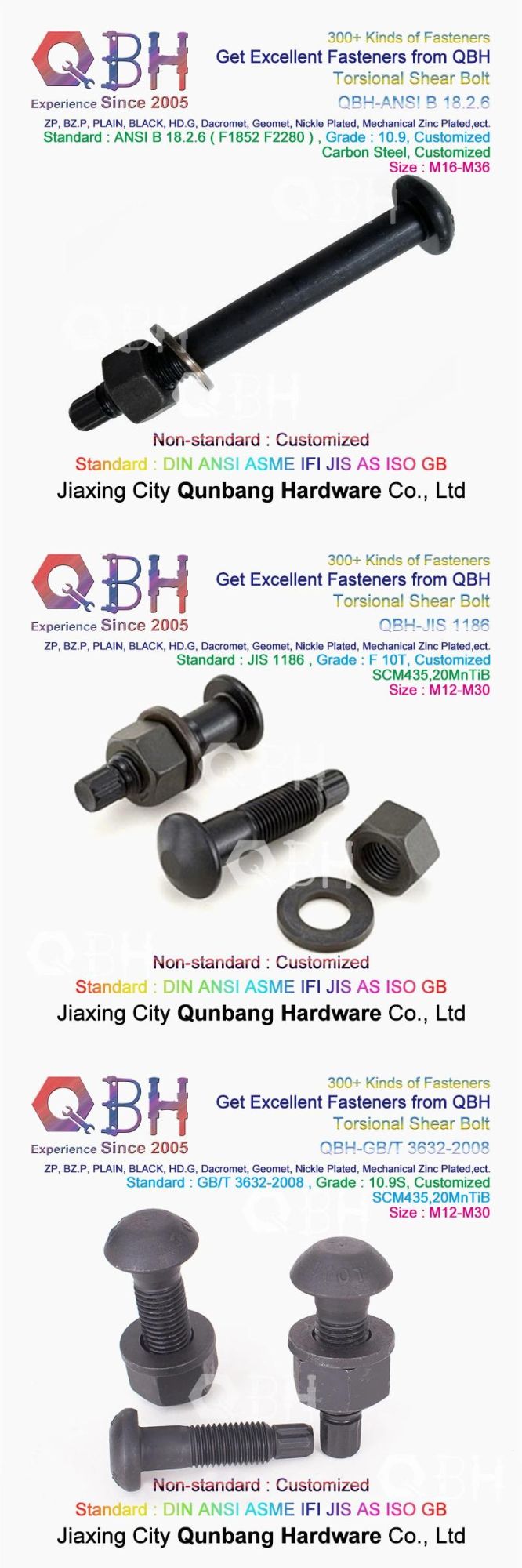 Qbh Customized Torsional Shear Tension Control Tc Bolt Nut Washer Railway Rairoad Hoisting Machinery Steel Structure Spare Unit