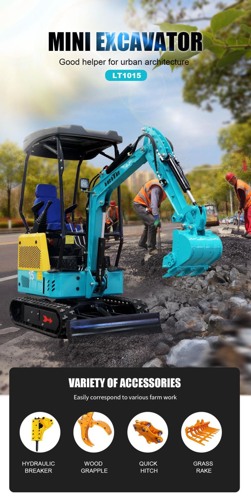 1.5 Ton Hydraulic Pump Small Digger Crawler Mini Excavators with Closed Canopy and Digging Bucket