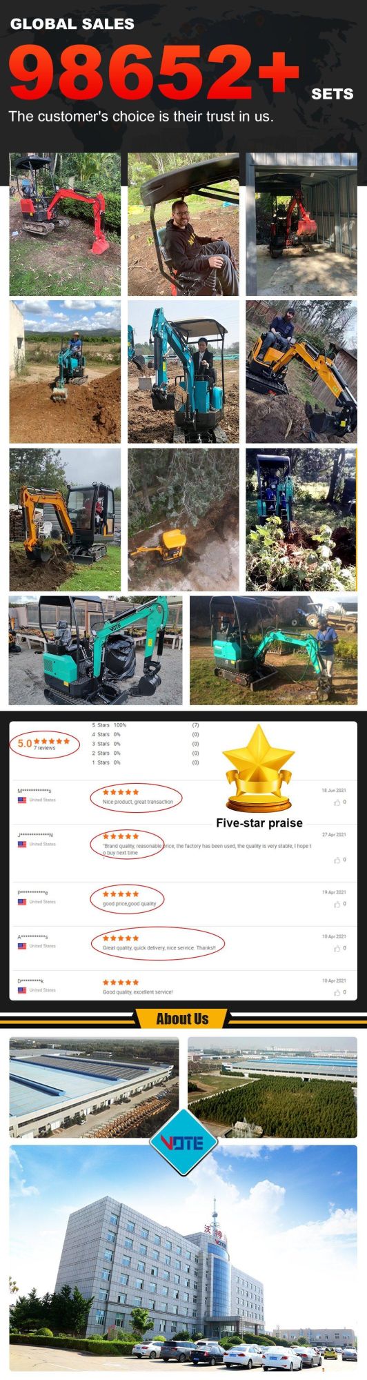 Jining Vote Vtw-10 New Mini Digger Hydraulic Mini Crawler Diesel Type Blue Small Excavator 1ton Price for Sale Hot