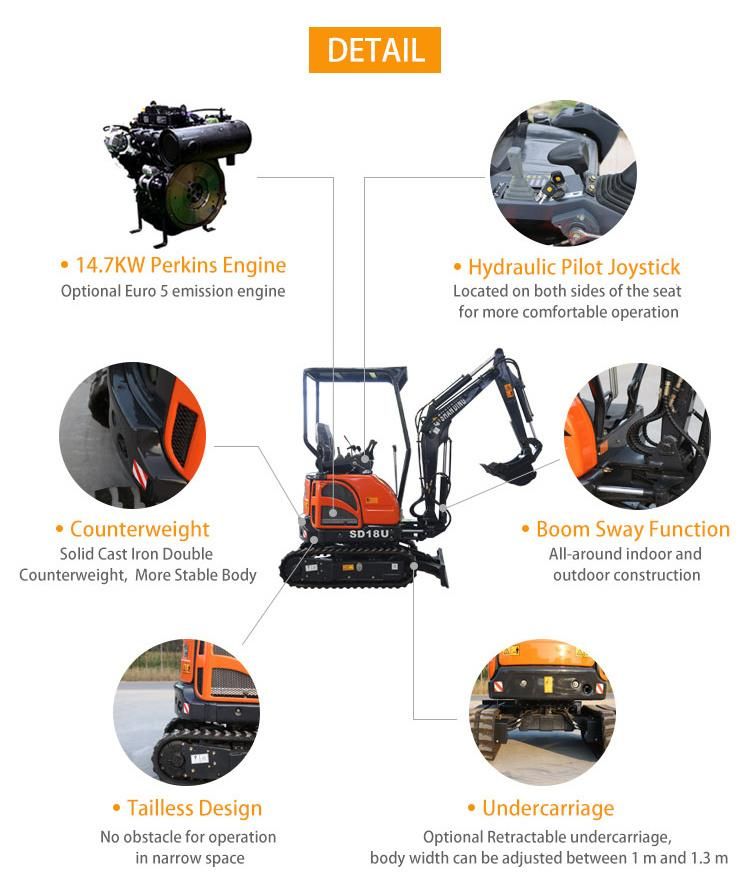 CE ISO 1.8 Ton Hot-Sell Mini Digger, with Hammer, Auger, Grapple for Choice Cheap Rubber Tracked Hydraulic Crawler Small Mini Excavator 5% Discount Price