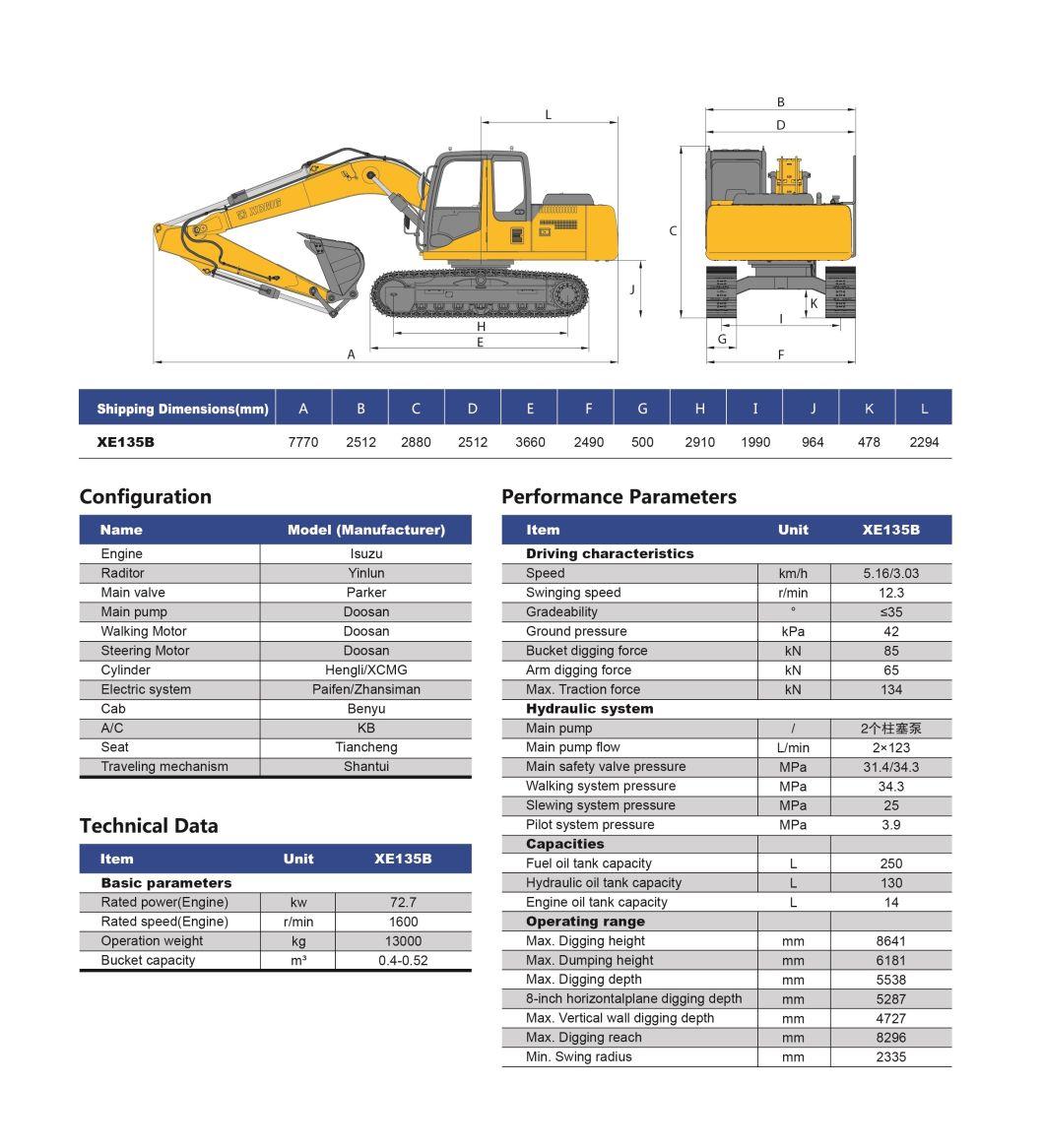 13ttons Hydraulic Crawler Excavator Xe135b