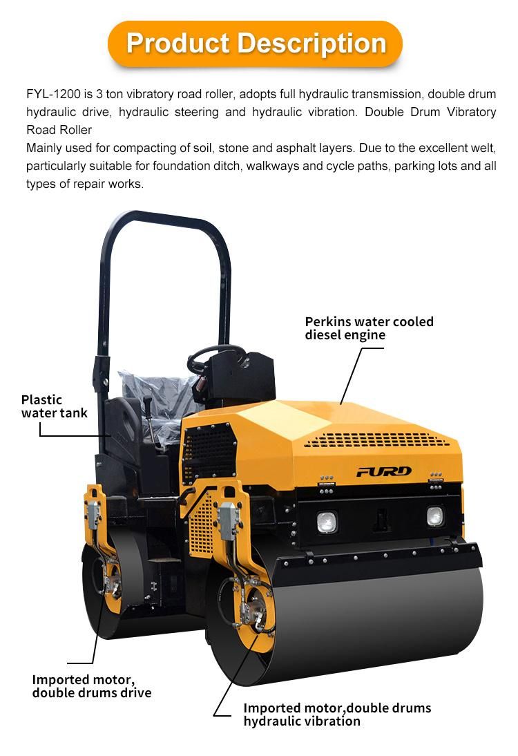 3 Ton Vibratory Road Roller Compactor Mini Asphalt Roller for Sale Fyl-1200