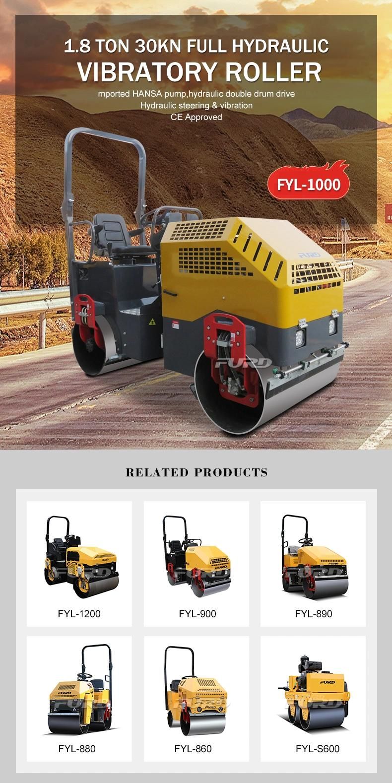 Full Hydraulic Asphalt Vibratory Roller 1.8 Ton Road Roller for Sale