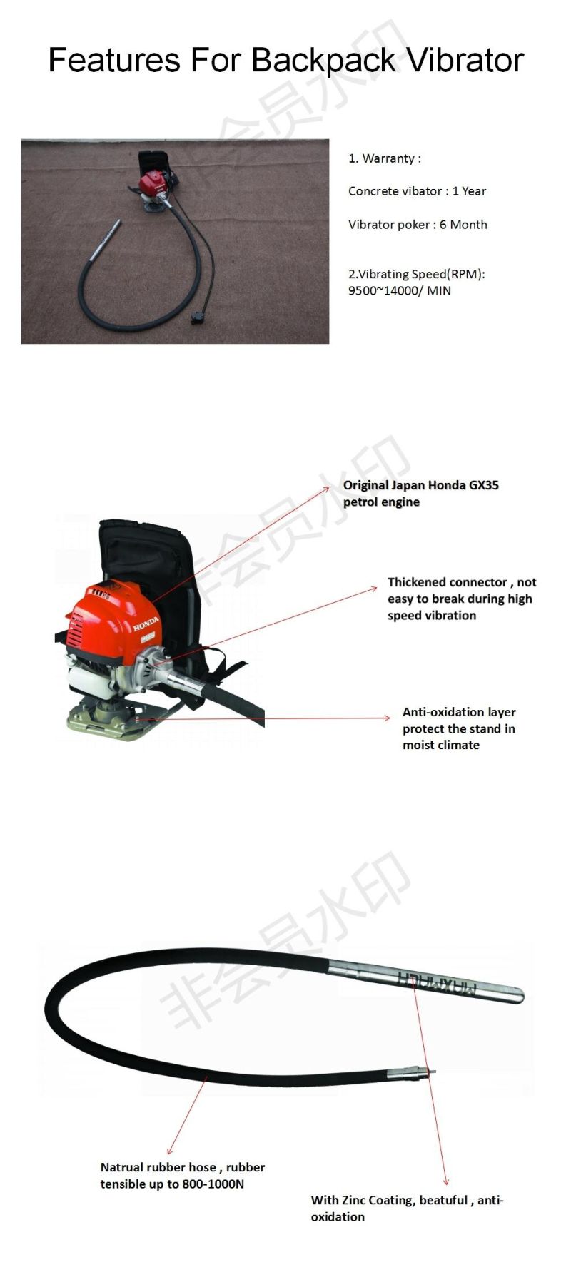 High Quality European Backpack Gasoline Concrete Vibrator with Honda Gx35 Engine