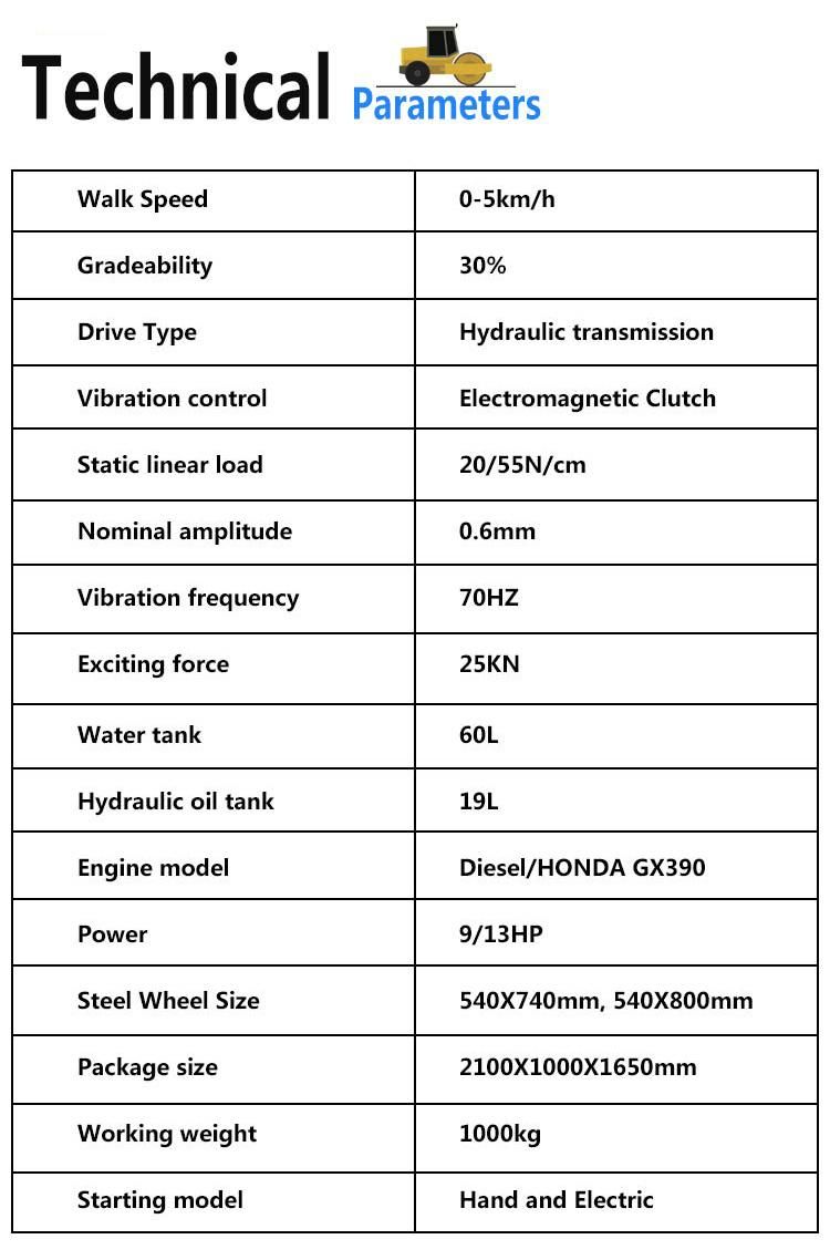 Hydraulic 1 Ton Asphalt Compactor Vibratory Mini Road Roller