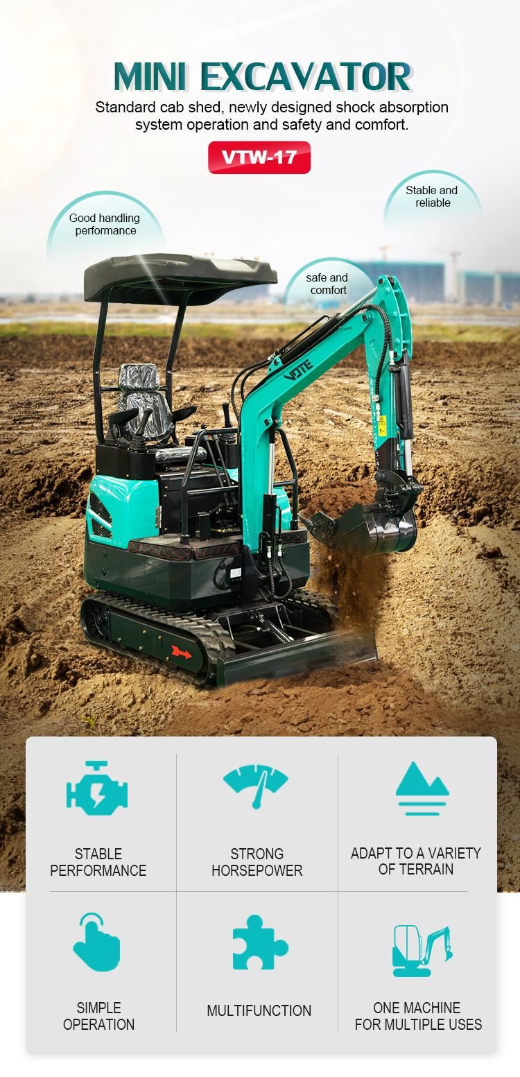 Vtw-17 Micro Excavator with Cab 360 Degree Rotation Mini Excavator with Cab 1700kg Mini Digger Price