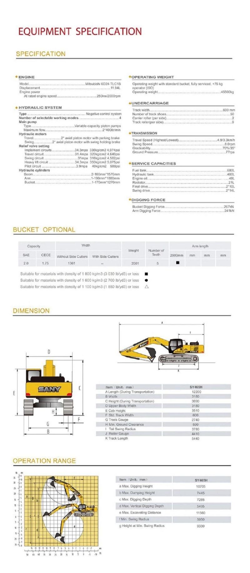 SANY SY465H 47 Ton Construction Machinery Crawler Excavator Direct Sales