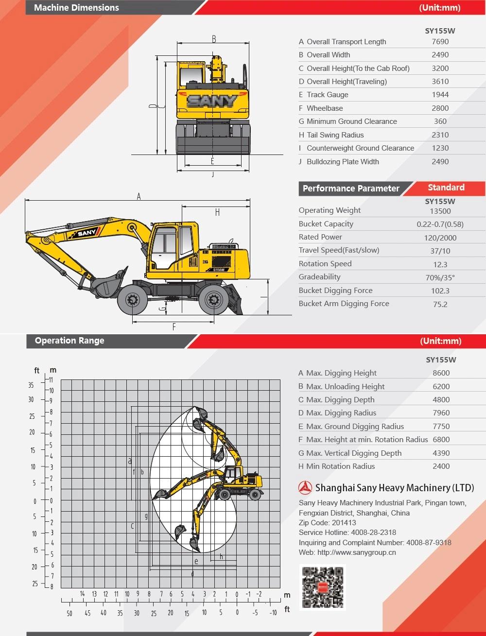 Sany Sy155 14ton New Small Excavator of Energy Saving Mini Bagger of Hydraulic Excavator for Sale