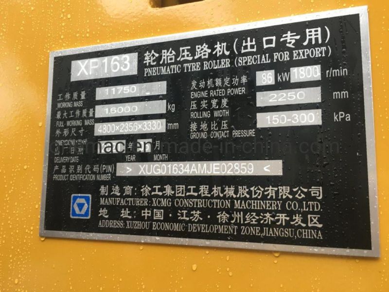Xcmc 16ton Pneumatic Road Roller XP163 Asphalt Pnrumatic Tire Road Roller