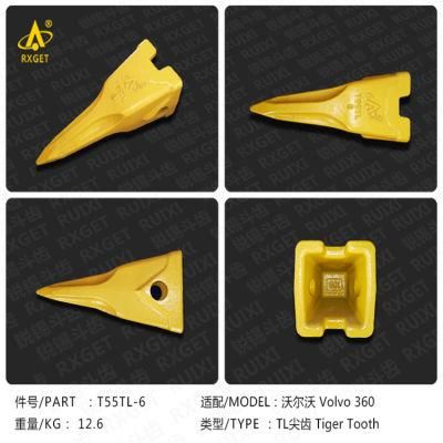 T55tl-6 Volvo Ec360 Series Tiger Long Bucket Tooth Point, Excavator and Loader Bucket Digging Tooth and Adapter, Construction Machine Spare Parts