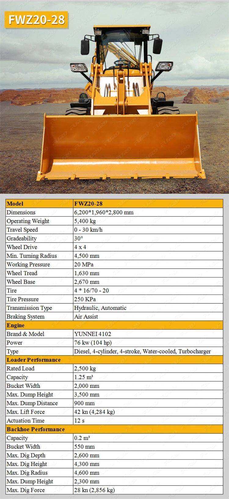 4 Wheel Drive Front Loader and Backhoe Digger with Backhoe Loader From Factory Fbl20-28