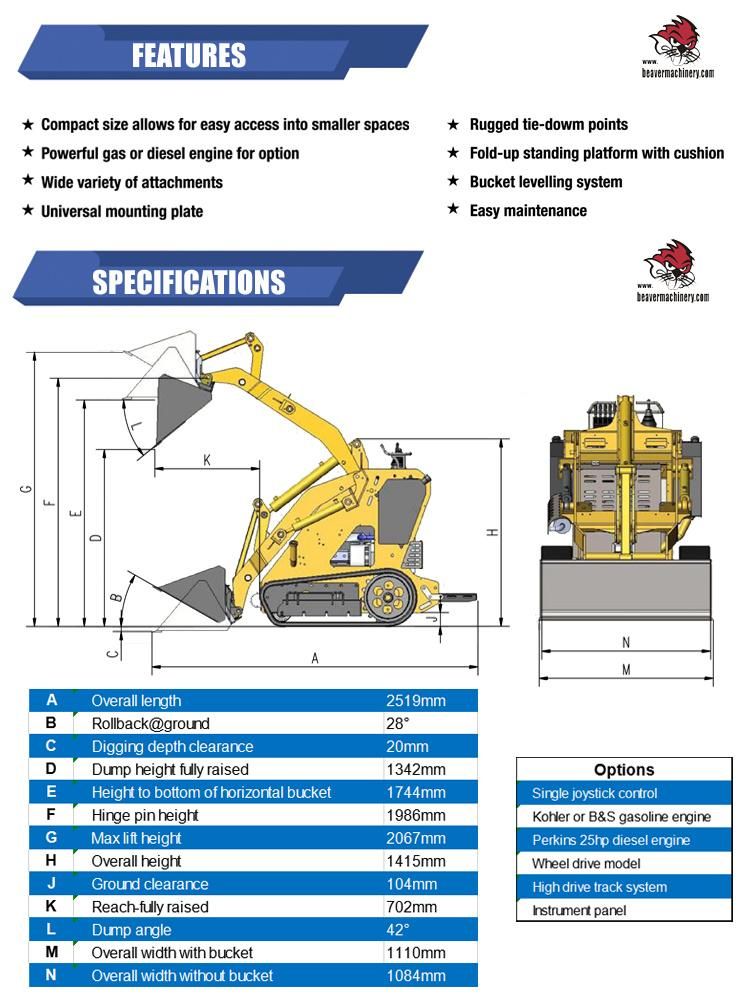 Chinese Front Bucket Loader Skid Steering Loader 500kg 700kg 850kg 950kg 1050kg 1200kg 1500kg Mini Loader with Attachments