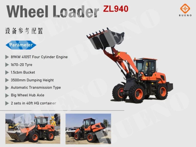 Bueno Brand Wheel Loader with Euro V Engine CE Certificate