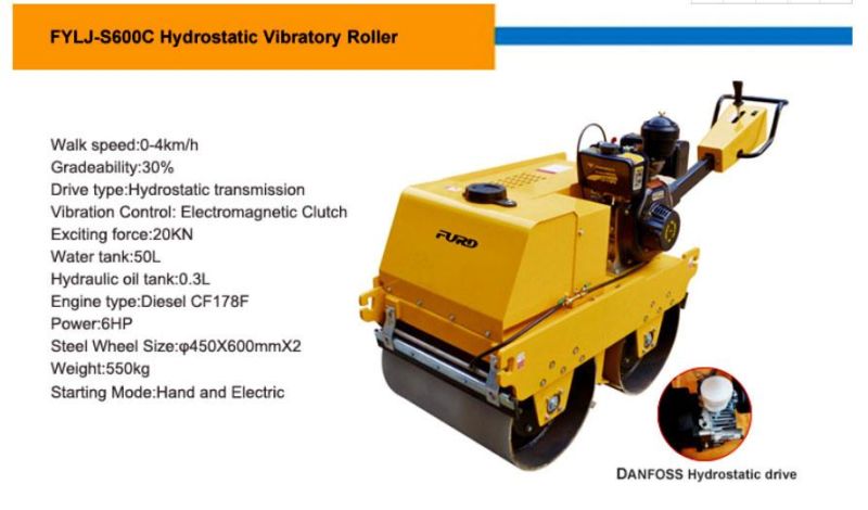 Hydrostatic Smooth Double Drum Vibratory Road Roller Manual Vibrating Road Roller Fylj-S600c